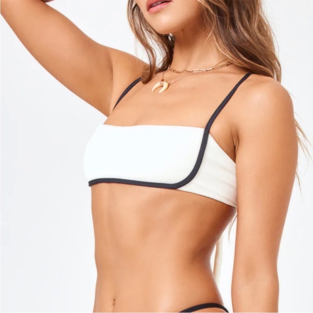 White Bandeau Bikini Top with Black Trim - Women's Swim
